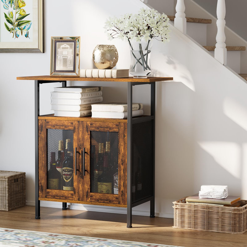 Black And Retro Brown Coffee Bar Cabinet Versatile Storage With Mesh Doors